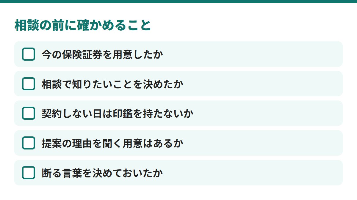相談の前に、保険証券、知りたいこと、印鑑を持つかどうか、提案の理由を聞く用意、断る言葉を確かめる
