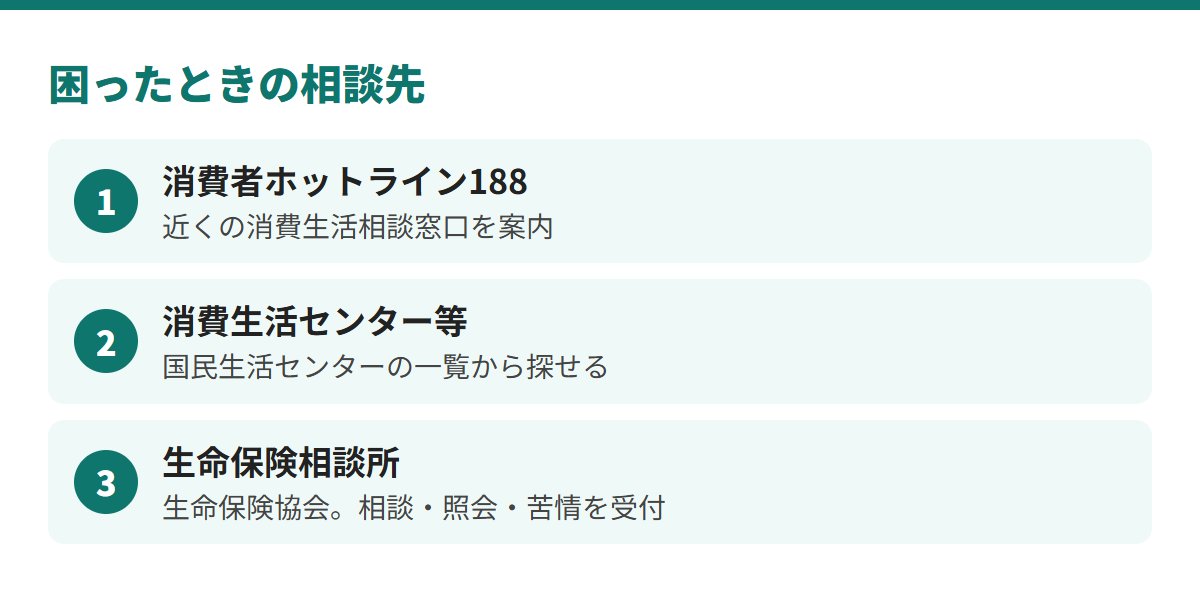 困ったときの相談先は、消費者ホットライン188、消費生活センター等、生命保険相談所の3つ
