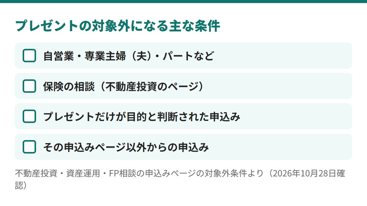プレゼントの対象外になる主な条件は、自営業・専業主婦(夫)・パートなど、不動産投資のページでの保険の相談、プレゼントだけが目的と判断された申込み、その申込みページ以外からの申込み