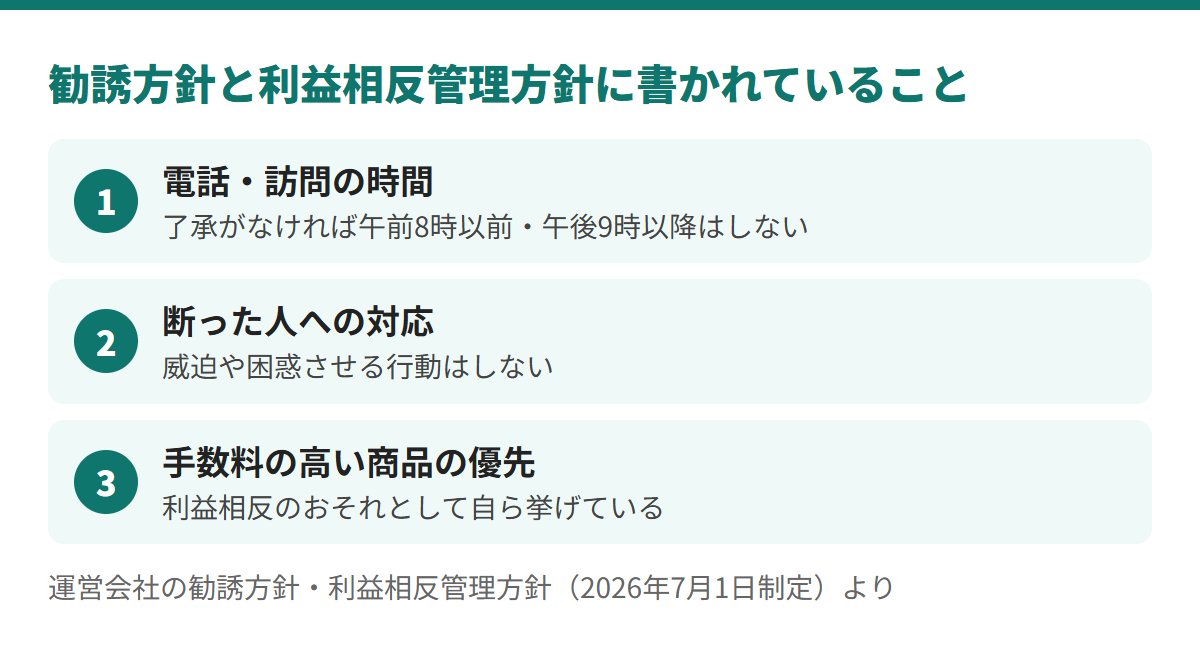 勧誘方針では、了承がなければ午前8時以前と午後9時以降は電話や訪問をせず、断った人を威迫しない。利益相反管理方針は、手数料の高い商品の優先を利益相反のおそれに挙げている