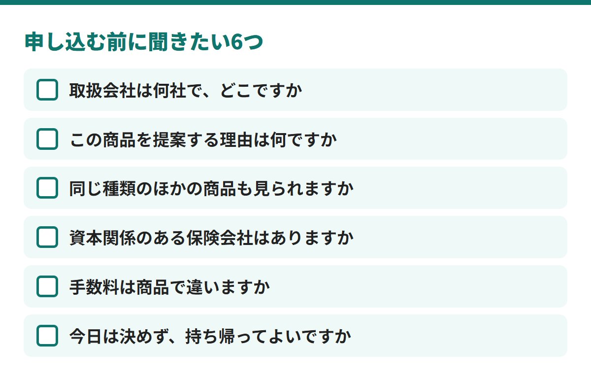 申し込む前に聞く6つは、取扱会社、提案の理由、ほかの商品、資本関係、手数料の違い、持ち帰ってよいか